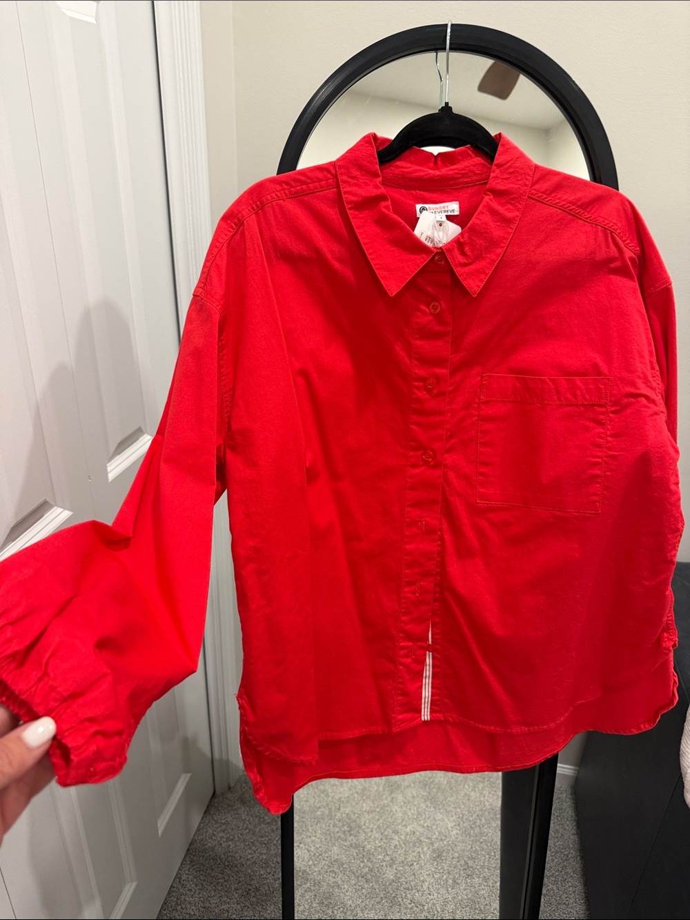 Sundry Bright Red Button-Down womens Shirt with Chest Pocket
